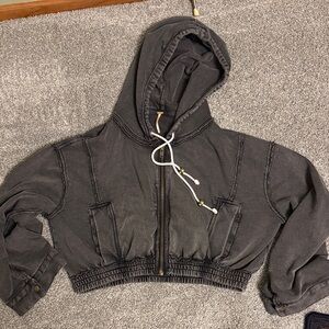 Free People Gray Cropped Hoodie with Drawstring